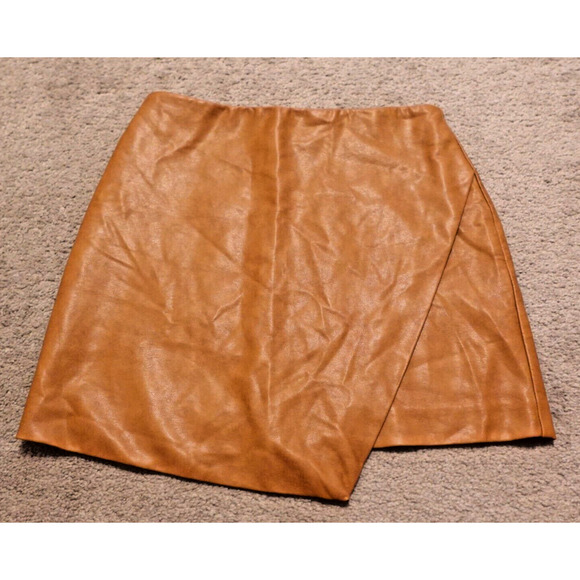 SKIES ARE BLUE Women Small Skirt Vegan Leather Mini Asymmetrical Brown - Picture 3 of 10